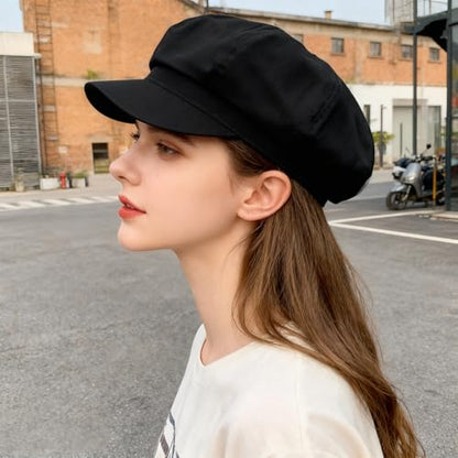 Newsboy Cabbie Baker Boy Hat Beret Cap for Women Pageboy Hats Flat Visor Cap Sailor Hat Adjustable - color: Black
