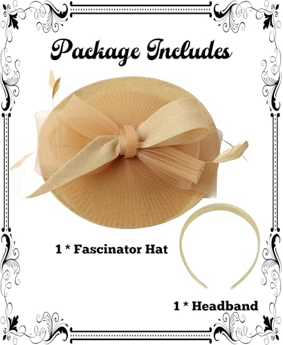 Kidukso Fascinators Hats for Women Derby Hats Tea Party Hat Mesh Headwear with Feather for Church Cocktail Wedding - color: Khaki