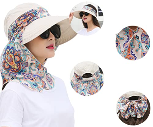 Women Wide Brim Sun Hat Multifunctional Beach Hat Foldable Sun Visor with Removable Neck Flap Bowknot - color: Beige