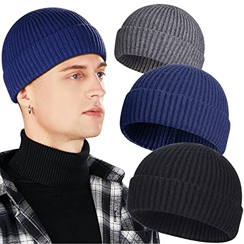3 Pack Wool Fisherman Beanies for Men, Short Knit Watch Cap Cuffed Hats - color: C-black, Gray, Navy Blue