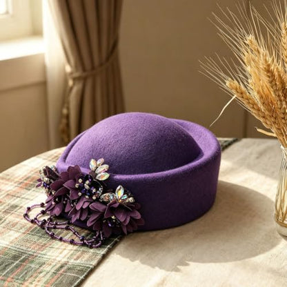 Women's Retro British Felt Headscarf Hat Church Derby Headdress with Floral Women's Soft Beret - color: 02 Deep Eggplant Purple