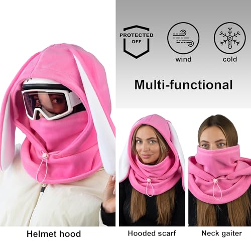 Fleece Balaclava Over Helmet - Warm Helmet Ninja Hood - Snowboard Hooded Hat Neck Gaiter Ski Mask - color: Pink&white|bunny, size: One Size