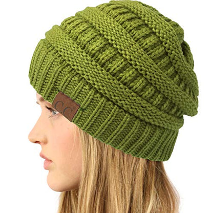 CC Classic Winter Fall Trendy Chunky Stretchy Cable Knit Beanie Hat - color: Solid Olive