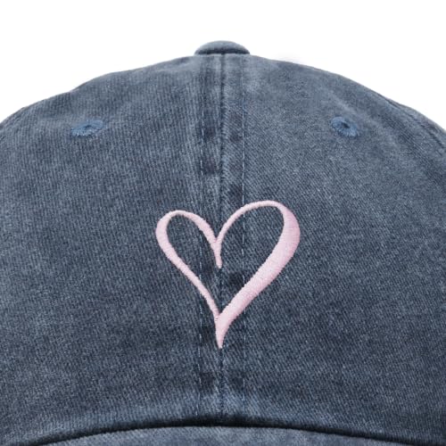 Hand Drawn Heart Hat Womens Embroidered Baseball Cap - color: Washed Navy Blue