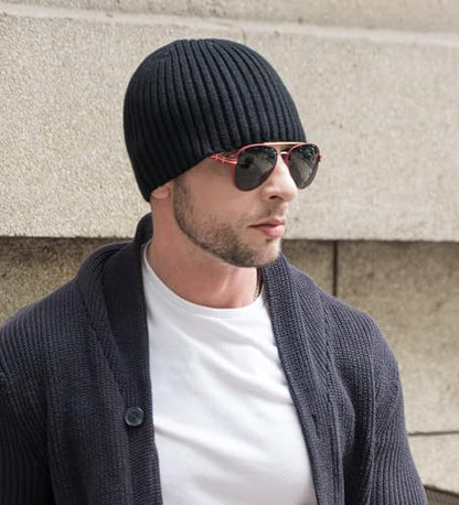 ZLYC Men Winter Knit Fisherman Beanie Hat Fashion Warm Daily Skull Cap - color: Solid Black