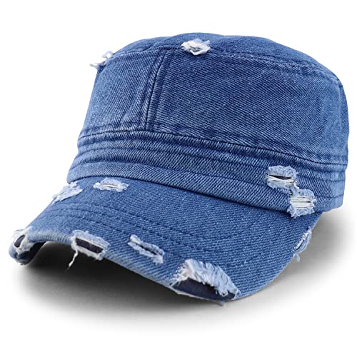 Armycrew Military Cadet Style Flat Top Distressed Vintage Cap - color: Light Denim