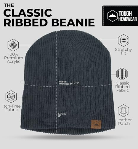 Tough Headwear Ribbed Beanie Hat - Stretch Fit Beanie for Women - Knit Winter Hats for Men - Breathable Knit Caps - color: Dark Gray