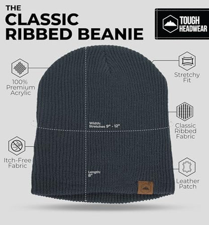 Tough Headwear Ribbed Beanie Hat - Stretch Fit Beanie for Women - Knit Winter Hats for Men - Breathable Knit Caps - color: Dark Gray