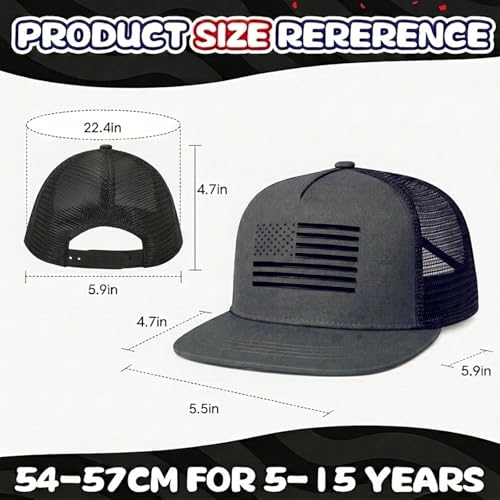BROMZ Kids Youth American Flag Trucker Hat Flat Bill, Breathable Mesh Back Snapback Baseball Cap for Boys Girls 5-15 Years - color: Dark Gray/Black Flag