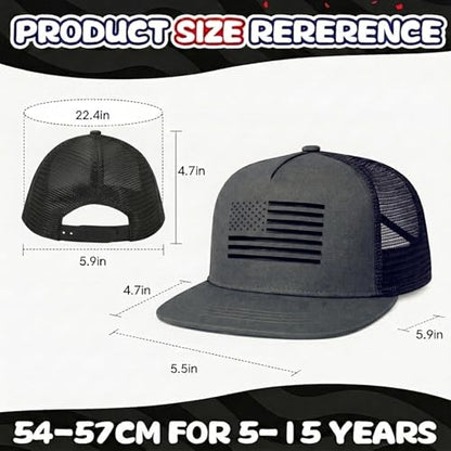 BROMZ Kids Youth American Flag Trucker Hat Flat Bill, Breathable Mesh Back Snapback Baseball Cap for Boys Girls 5-15 Years - color: Dark Gray/Black Flag