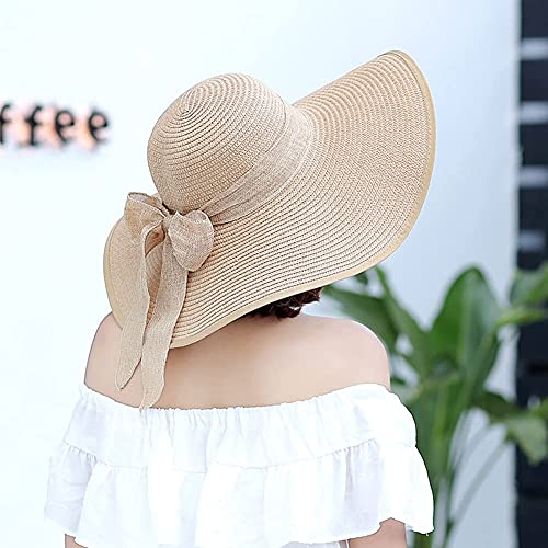 FSIGOM Women's Folable Floppy Hat,Wide Brim Sun Protection Straw Hat, Summer UV Protection Beach Cap - color: C1-f-beige, size: Large