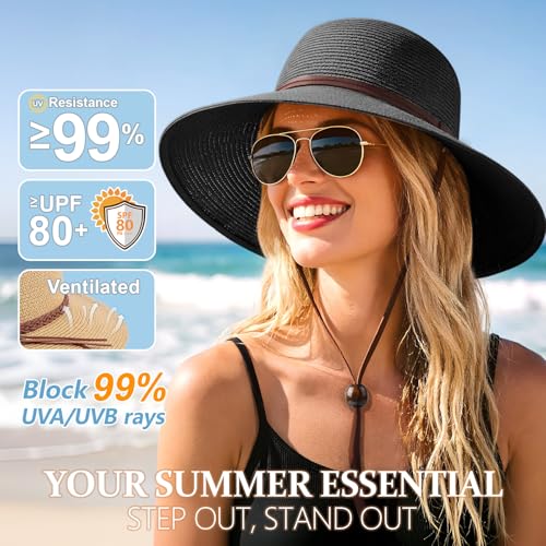 DRESHOW Womens Summer Straw Sun Hat Wide Brim Bucket Hats Fedora Hat Panama Beach Hat with Chin Strap UPF 50+ - color: Straw Hat With Wind Lanyard: Black
