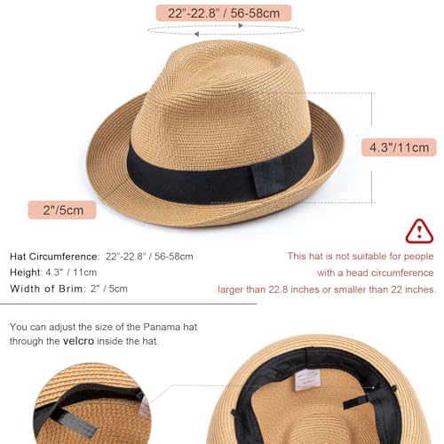 AQOKKA Summer Straw Fedora Hat for Women Men Travel Panama Hat with Wide Brim Roll Up Sun Hat for Beach Outdoor UPF 50+ - color: Khaki