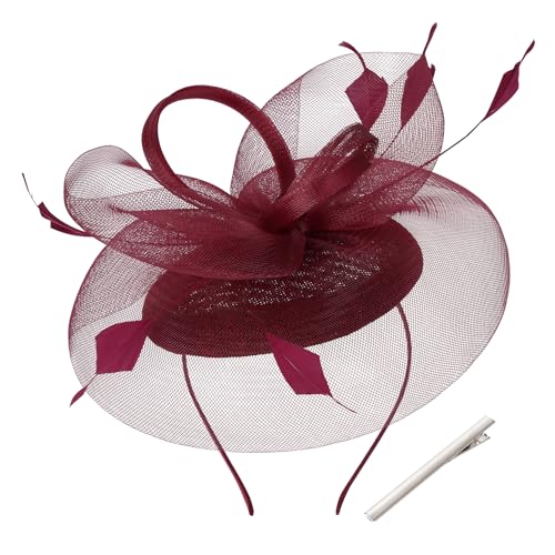 tiggell Fascinators Tea Party Hat for Women, Fascinator with Pillbox Hat - color: Wine Red