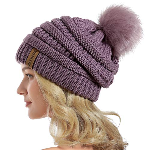 Women Knit Slouchy Beanie Chunky Baggy Hat with Faux Fur Pompom Winter Soft Warm Ski Cap - color: C1-purple
