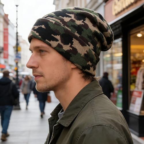 American Flag Beanie, USA Embroidered Winter Hat for Women Men - color: Camo-green