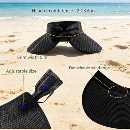 Sun Visor Hats Summer Wide Brim Clip on Beach Adjustable Large Brim Cap Golf Hat for Women - color: Black