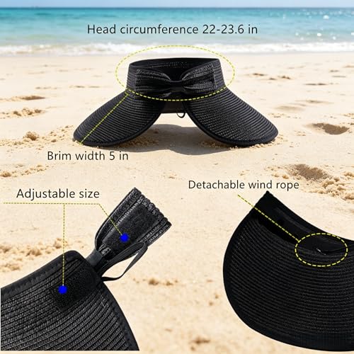 Sun Visor Hats Summer Wide Brim Clip on Beach Adjustable Large Brim Cap Golf Hat for Women - color: Black+red