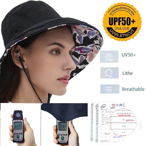 vidsel Womens Sun Hats Wide Brim Reversible Bucket Cotton Hat with Hat Clip - color: Black, size: Medium