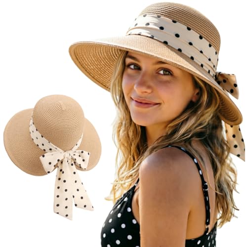 DRESHOW Sun Hats for Women Travel Fedora Foldable Beach Sun Hat Summer Wide Brim Straw Bucket Hat with Bowknot UPF 50+ - color: 1 Pack Bowknot Straw Hat: Khaki (Beige Polka Dot Band)