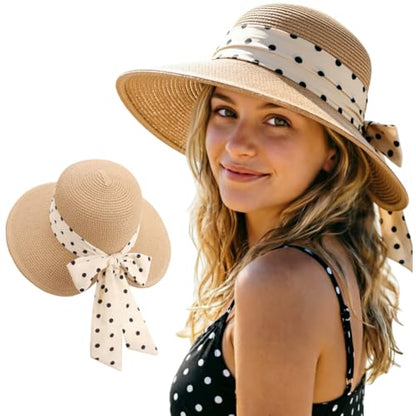 DRESHOW Sun Hats for Women Travel Fedora Foldable Beach Sun Hat Summer Wide Brim Straw Bucket Hat with Bowknot UPF 50+ - color: 1 Pack Bowknot Straw Hat: Khaki (Beige Polka Dot Band)