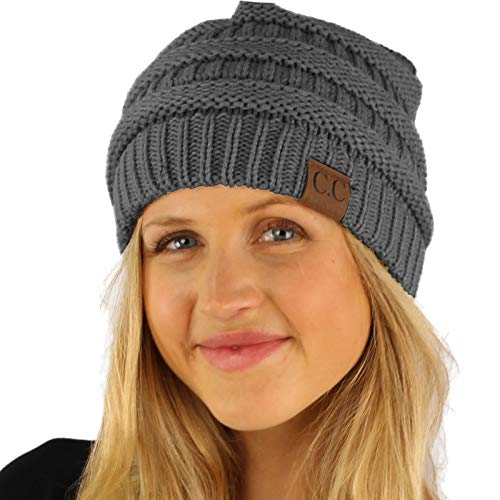 CC Classic Winter Fall Trendy Chunky Stretchy Cable Knit Beanie Hat - color: Solid Dk. Melange Gray