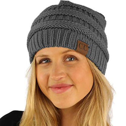 CC Classic Winter Fall Trendy Chunky Stretchy Cable Knit Beanie Hat - color: Solid Dk. Melange Gray