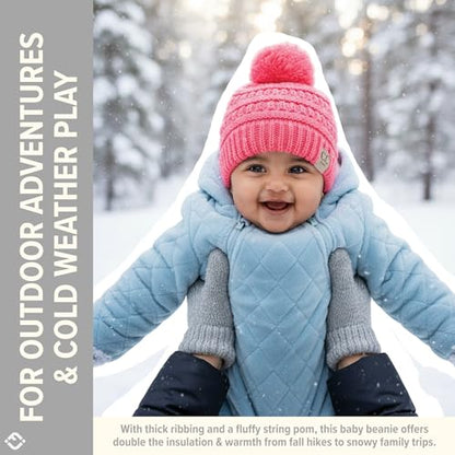 Funky Junque Baby Pom Pom Beanie – Soft Knit Infant Winter Hat for Baby Girls & Boys, Cozy Warm Newborn Beanie 0–12 Months - color: Candy Pink