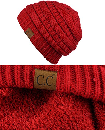 C.C Unisex Chunky Soft Stretch Cable Knit Warm Fuzzy Lined Skully Beanie - color: Red
