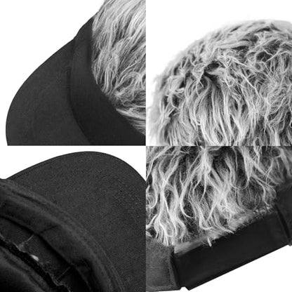 Mens Novelty Sun Visor Beach Hat Short Hair Wigs UV Protection Adjustable Golf Dad Cap Funny Hip Hop Rave Party Trucker Hat - color: Black & Grey