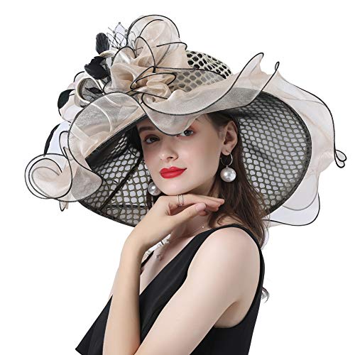 Ladies Sun Hat with Mesh Flower Decoration Wide Brim Hat Occasion Event Organza Fancy Church Dress Hat - color: Beige