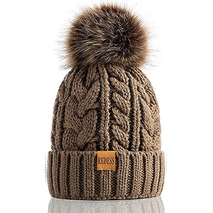 REDESS Women Winter Pompom Beanie Hat with Warm Fleece Lined Thick Slouchy Snow Knit Hat Skull Ski Cap - color: Khaki