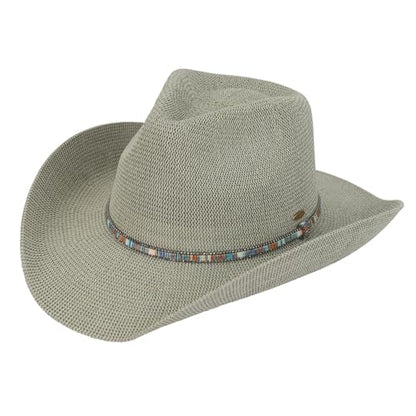 C.C Knitted Cowboy Hat for Women Lightweight Woven Western Hat with Multicolor Trim Band, Wide Brim Summer Sun Hat - color: Sage