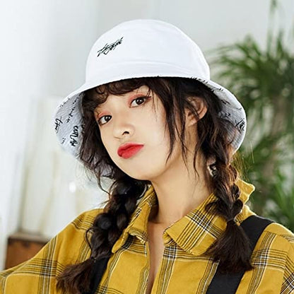 Packable Reversible Printed Bucket Hat Unisex for Men Women Beach Fisherman Cap - color: White