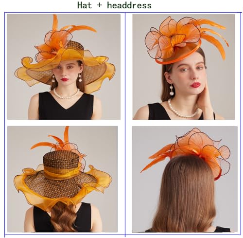 ORIDOOR Women Organza Fascinator Church Derby Hat Floral Tea Party Wedding Hat - color: B2 Orange