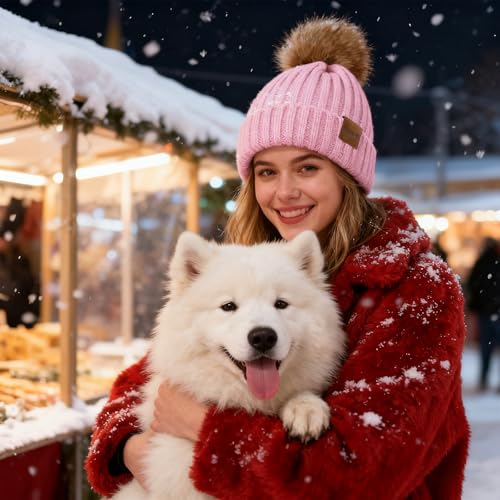 ZOORON Womens Winter Knitted Beanie Hat with Faux Fur Pom Beanie Warm Knit Skull Cap Beanie for Women - color: 1pink