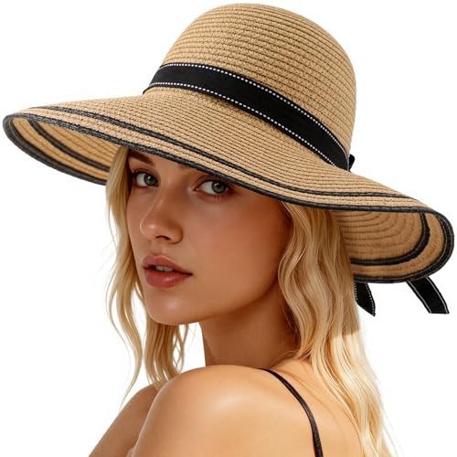 Beach Hats for Women, Wide Brim Sun Straw Hat for Women, Sun Hat UPF 50+ UV Protection - color: Brown Hat