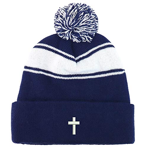 Trendy Apparel Shop Cross Embroidered Two Tone Pom Striped Long Beanie Hat - color: Navy White
