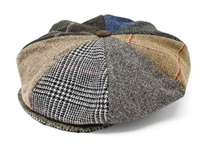 Hanna Hats Traditional Irish Tweed Eight Piece Cap. Unisex Newsboy Cap. Button Crown & Taffeta Lining. 100% Made in Ireland. - color: Patchwork Tweed, size: XX-Large