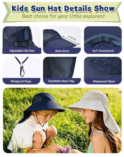 Rosoz Kids Sun Hat with Neck Flap UV Protection Summer Toddler Beach Hat Unisex Ponytail Hat Wide Brim Fishing Hat - color: 1pack-navy Blue