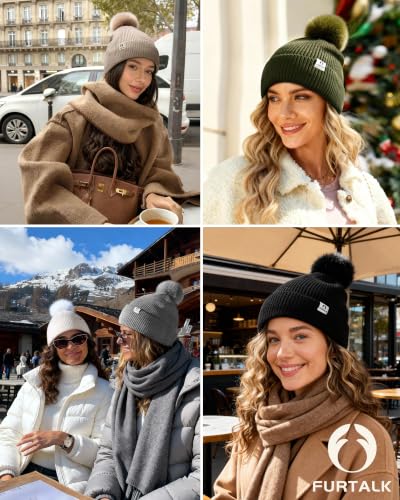 FURTALK Pom Pom Winter Hats for Women Fleece Lined Slouchy Warm Beanie Skull Cap - color: Gray