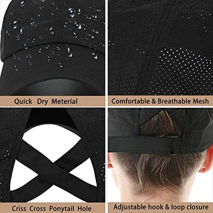 Womens Ponytail Hat Baseball Cap, Adjustable Criss Cross Baseball Cap High Bun Unisex Quick Drying Trucker Hats - color: Zblack