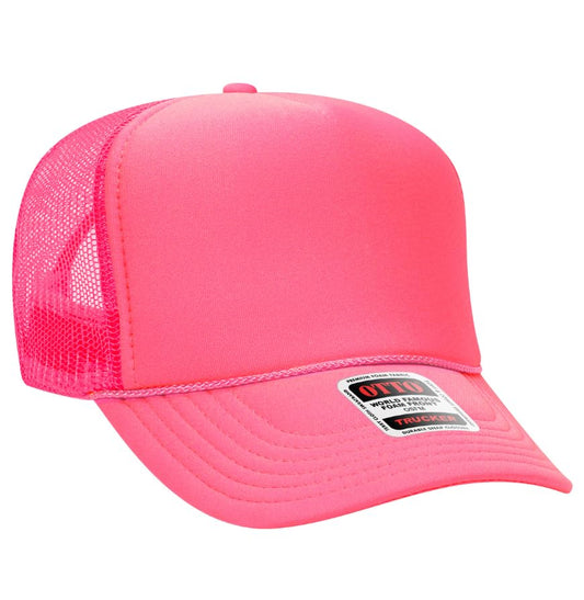 Otto Cap 5-Panel High Crown Mesh Back Trucker Hat - color: Neon Pink