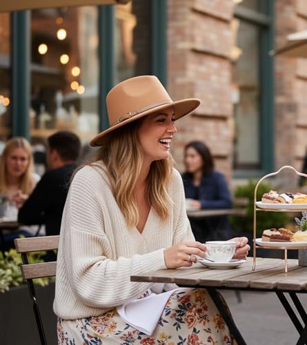 Lisianthus Women Classic Felt Fedora Wide Brim Hat with Belt Buckle - color: Camel