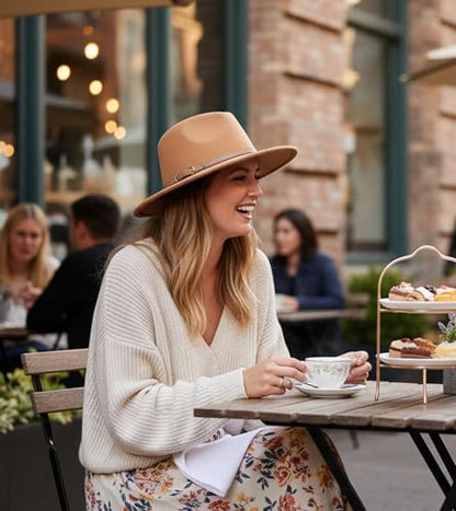 Lisianthus Women Classic Felt Fedora Wide Brim Hat with Belt Buckle - color: Camel