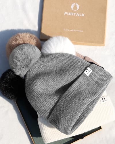 FURTALK Pom Pom Winter Hats for Women Fleece Lined Slouchy Warm Beanie Skull Cap - color: Gray