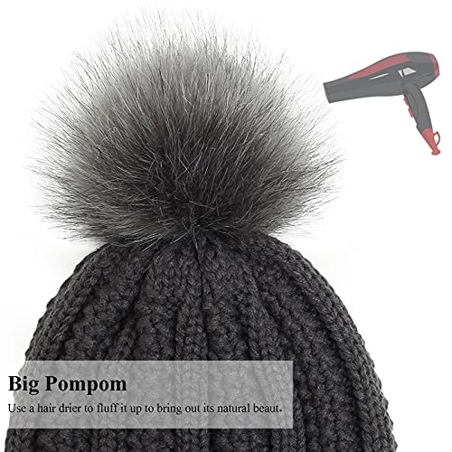 Muryobao Womens Satin Lined Beanie Hat with Faux Fur Pom Cuffed Winter Warm Knit Skull Cap - color: Dark Grey