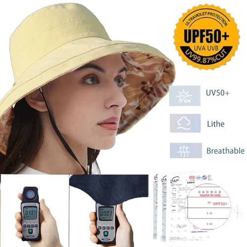 vidsel Womens Sun Hats Wide Brim Reversible Bucket Cotton Hat with Hat Clip - color: Yellow, size: Medium