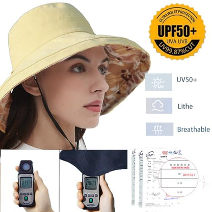 vidsel Womens Sun Hats Wide Brim Reversible Bucket Cotton Hat with Hat Clip - color: Yellow, size: Medium