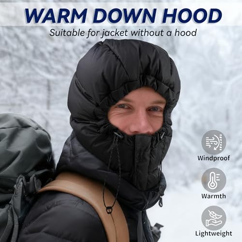 Winter Warm Down Hat,Ultralight Windproof Down Hood for for Camping - color: Black